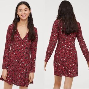 H&M Divided Red Black Leopard Animal Print Wrap Button Dress Women’s Size 8